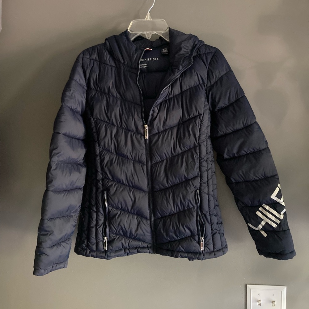 Tommy Hilfiger Navy Puffer Lightweight Packable Hooded Coat